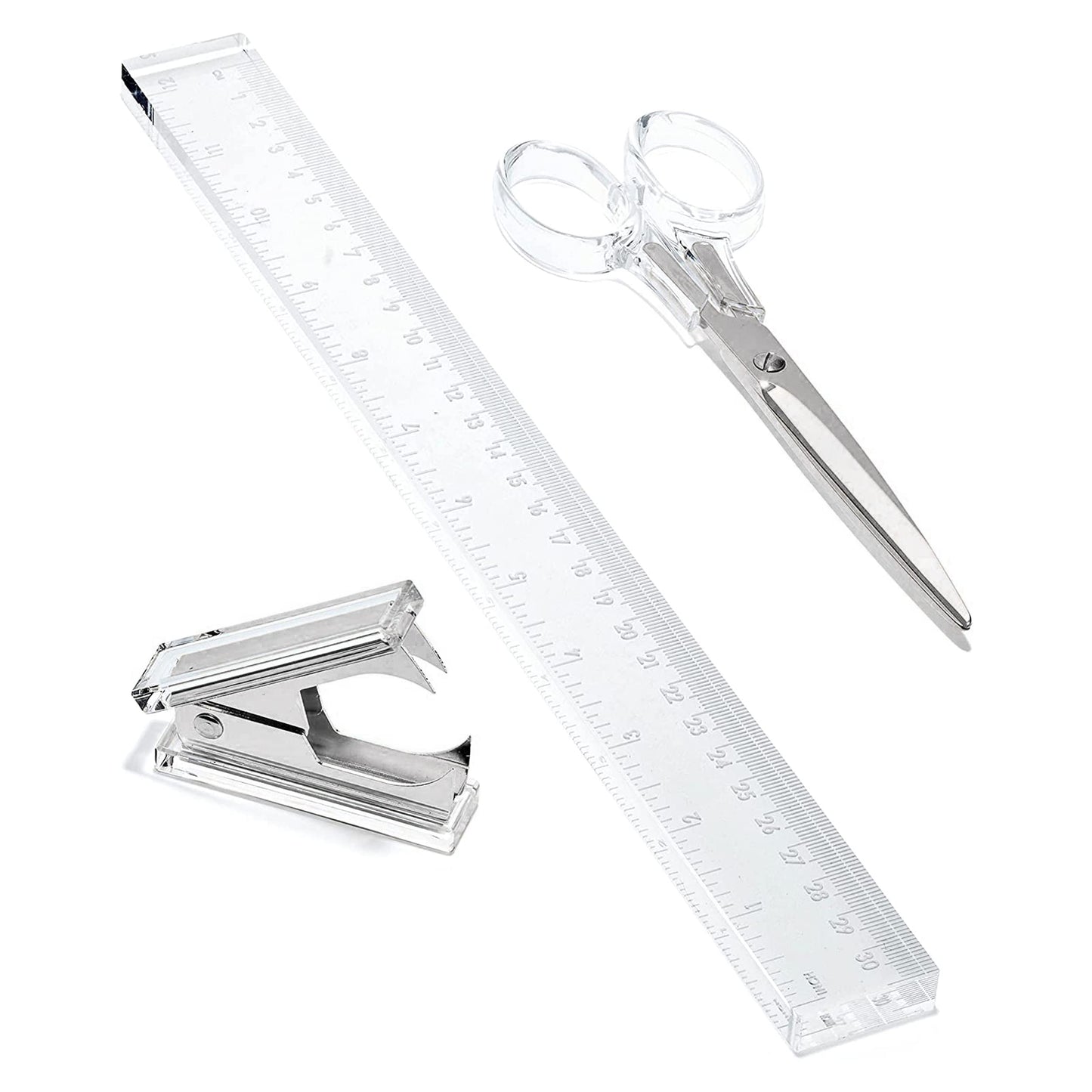 OfficeGoods 3 Piece Acrylic Desk Set - Includes Ruler, Staple Remover, Scissors - Functional & Elegant Desk Accessories - Stationary Tools for Home, Office, and School - Silver