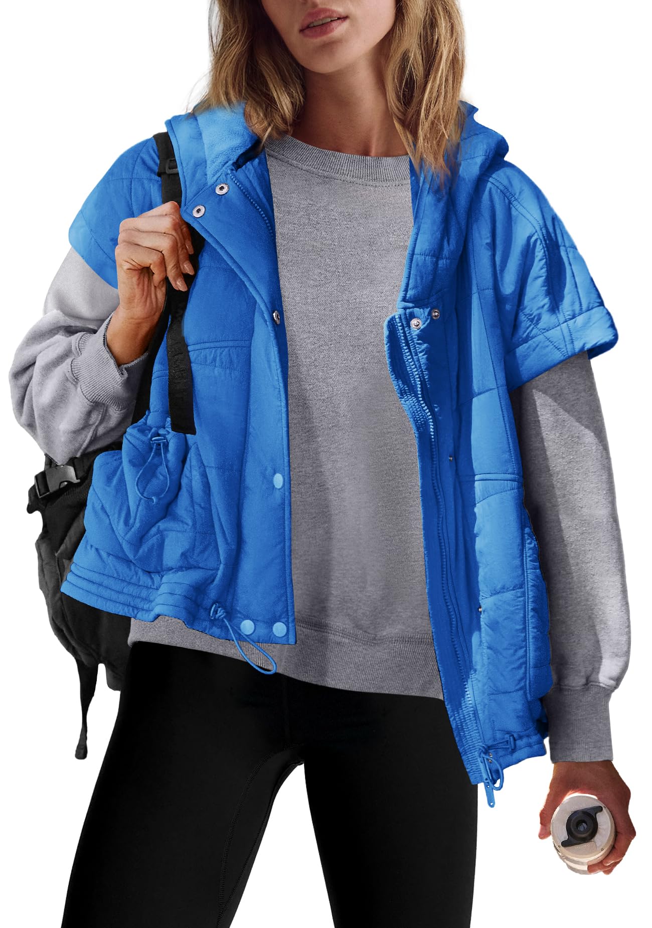 SENSERISE Womens Oversized Puffer Vest Sleeveless Quilted Jacket Zip Up Hooded Puffy Vest Ponchos Coats with Pockets(Lake Blue,L)