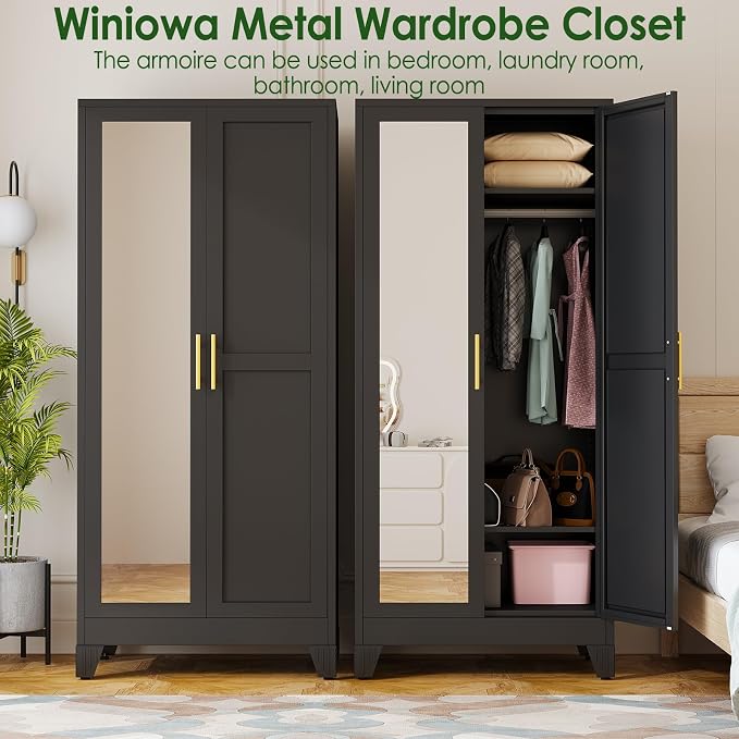 winiowa Metal Armoire Wardrobe Closet with 2 Mirror Doors, 71" Wardrobe Cabinet with Adjustable Shelves and Hanging Rod, Clothing Storage Cabinet Closet with Mirror for Bedroom-Black