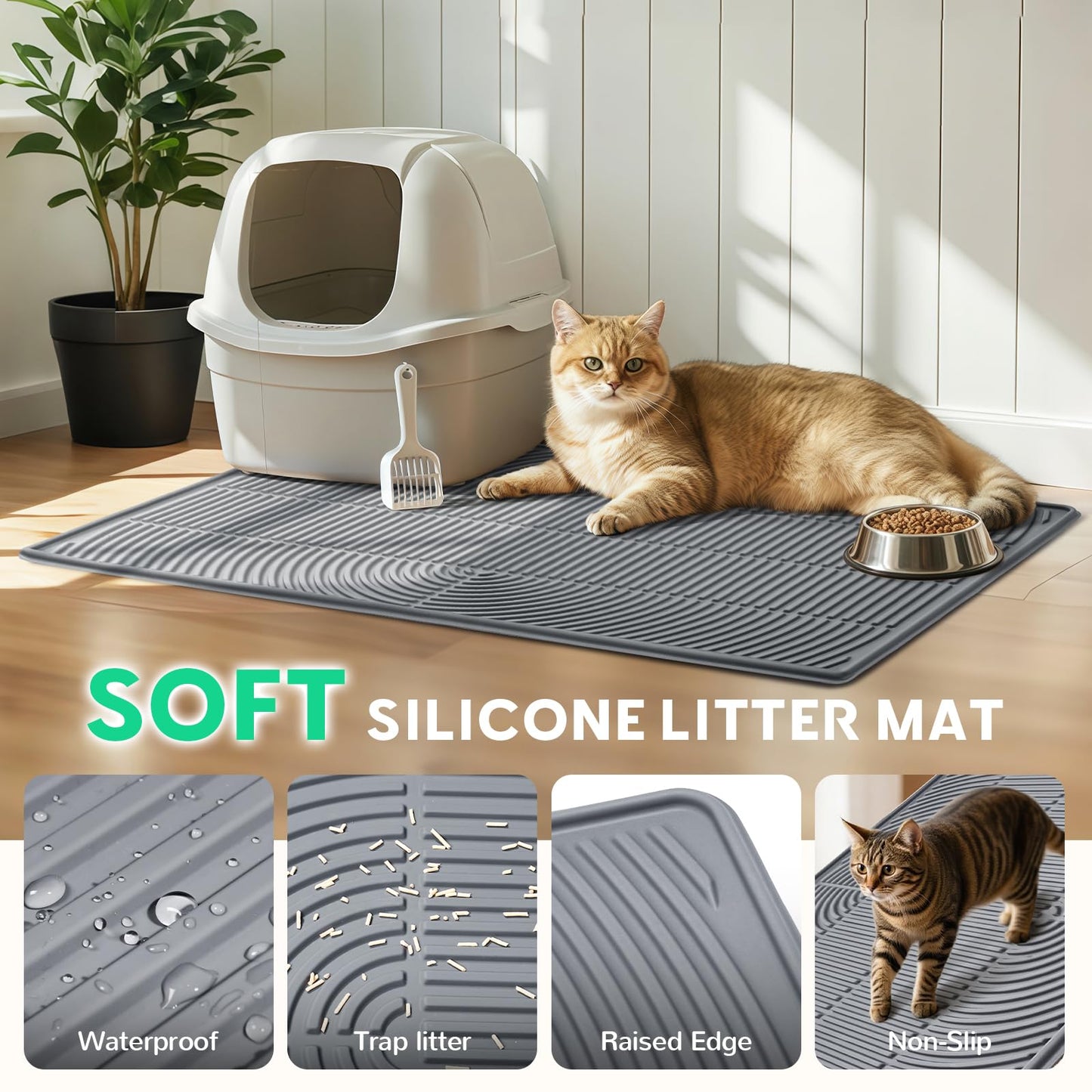 Pawtasy Cat Litter Box Mat,40" x 28" Extra Large Silicone Waterproof Litter Trapping Mat for Scatter Control Soft on Kitty Paws Non-Slip Easy to Clean