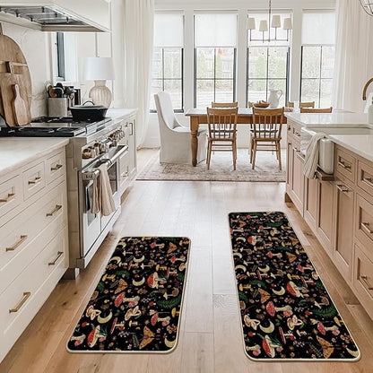 Artoid Mode Black Mushrooms Butterfly Spring Kitchen Mats Set of 2, Home Decor Low-Profile Kitchen Rugs for Floor - 24x35 and 24x59 Inch