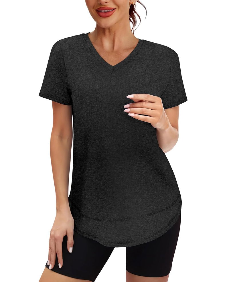 Short Sleeve Shirts for Women Workout Pilates Outfits Tennis Summer Tops 2026 Beach Vacation Clothes V Neck Black M