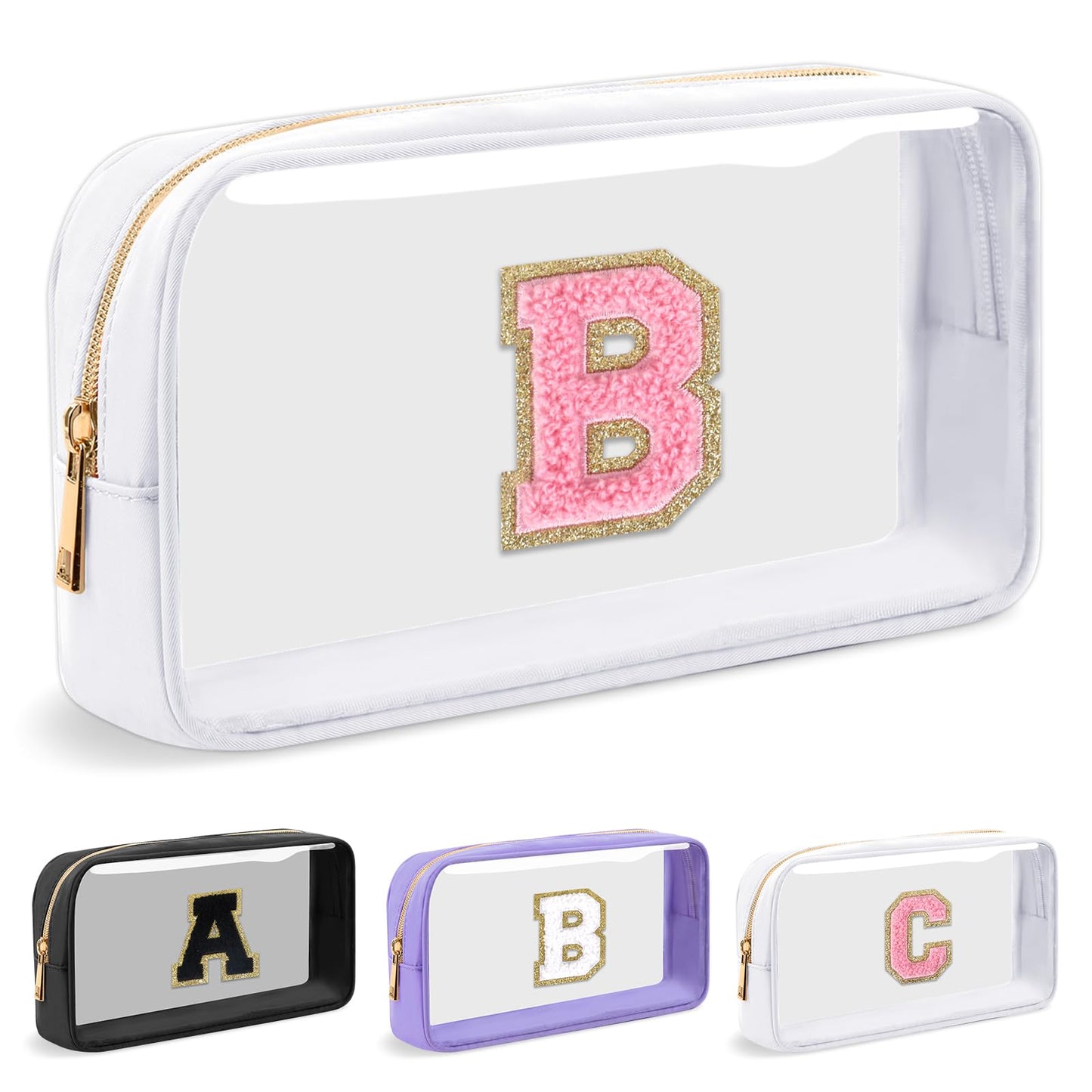 UIXIZQ Personalized Initial Letter Clear Makeup Bag,Preppy Small Nylon&PVC Cosmetic Zipper Bag with Chenille Letter,Travel Skincare Toiletry Bag,Monogram Christmas Gift for Teen Girls Women,B