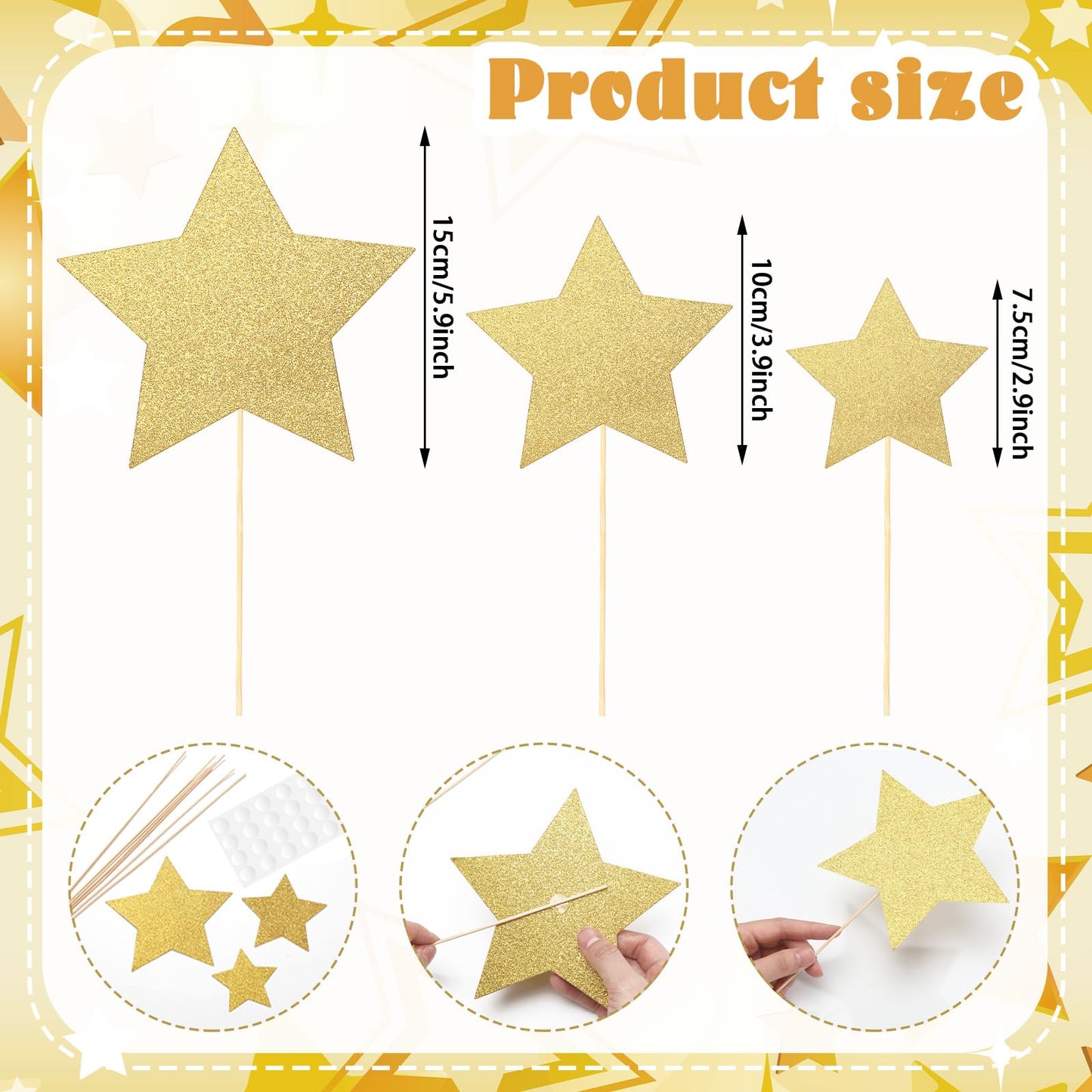 42 Pcs Gold Star Centerpieces Sticks Twinkle Glitter Star Table Flower Centerpiece Sticks Golden Cake Toppers for Graduation Back to School Wedding Engagement Bridal Baby Shower Party Decorations