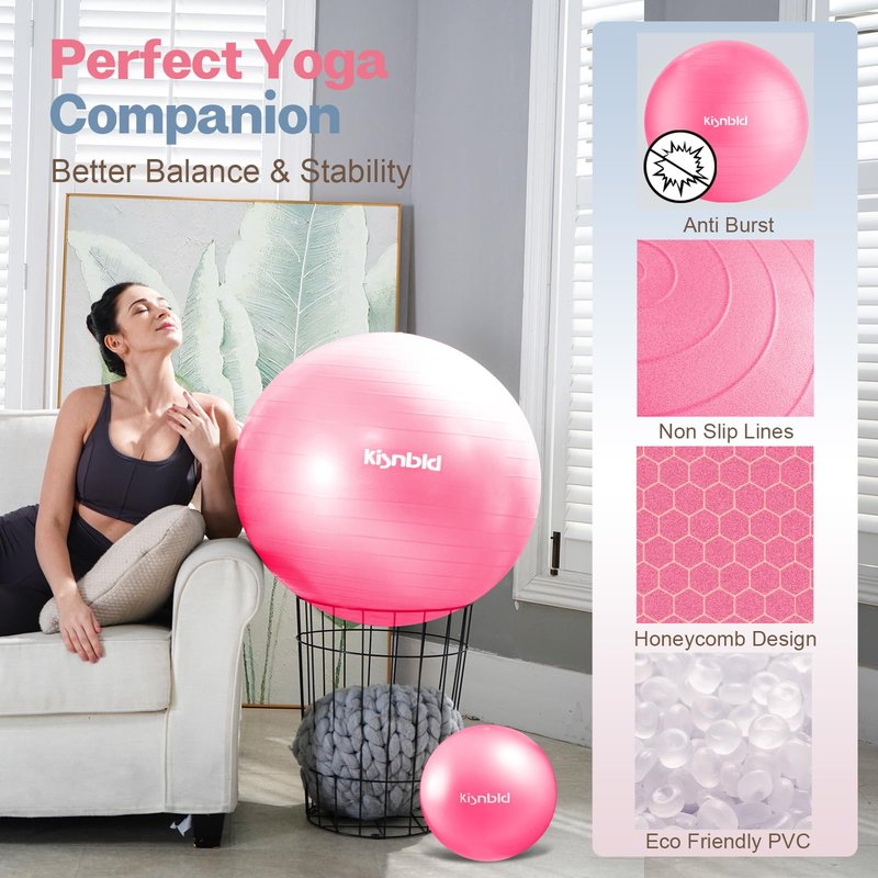 kisnbld Exercise Ball, Extra Thick Yoga Ball for Workout Pregnancy Stability, 4 Sizes Anti-Burst Balance Ball with Foot Pump - Heavy Duty Fitness Ball Chair for Office, Home & Gym