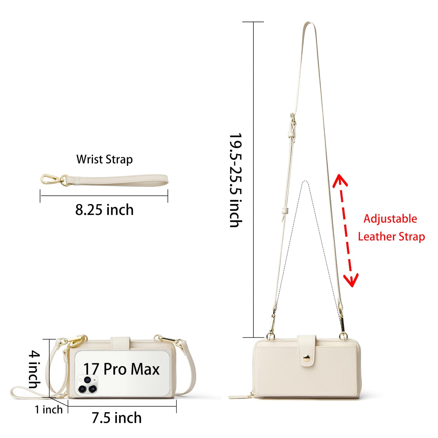 DORIS&JACKY Small Crossbody Cellphone Bags for Women, Mini Leather Wristlet Wallet Clutch Purse With Two Detachable Straps (2-White)