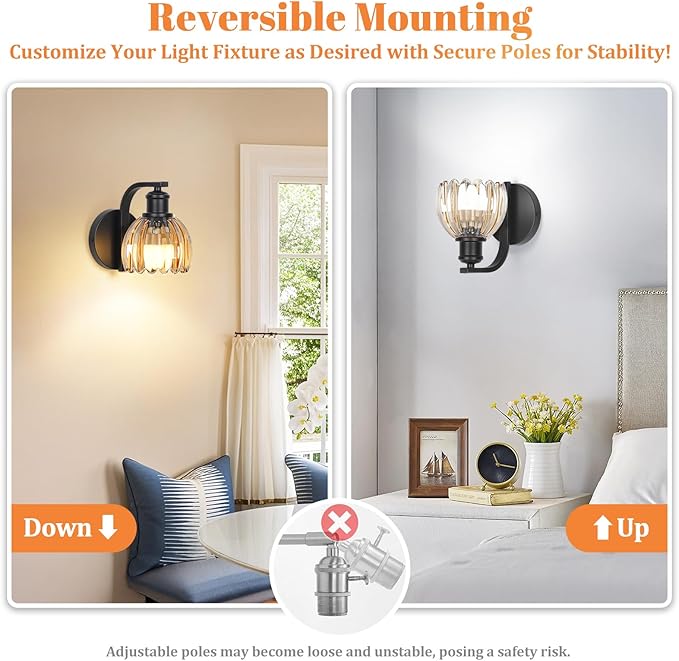 Rechargeable Battery Operated Wall Sconce Set of Two with Amber Glass Lampshade, Wireless Wall Scone Decor with Remote Control, 15 Colors Black Wall Light for Bedside Hallway Bedroom Doorway