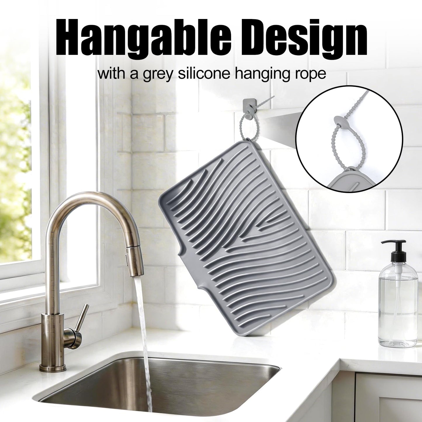 TIKNIK Silicone Dish Drying Mat for Kitchen Counter - Heat Resistant & Non-Slip Dish Drain Pad with Built-In Drain, Dishwasher Safe, Quick-Dry, Hangable & Roll-Up for Storage, Grey-1pcs, 16" x 12"