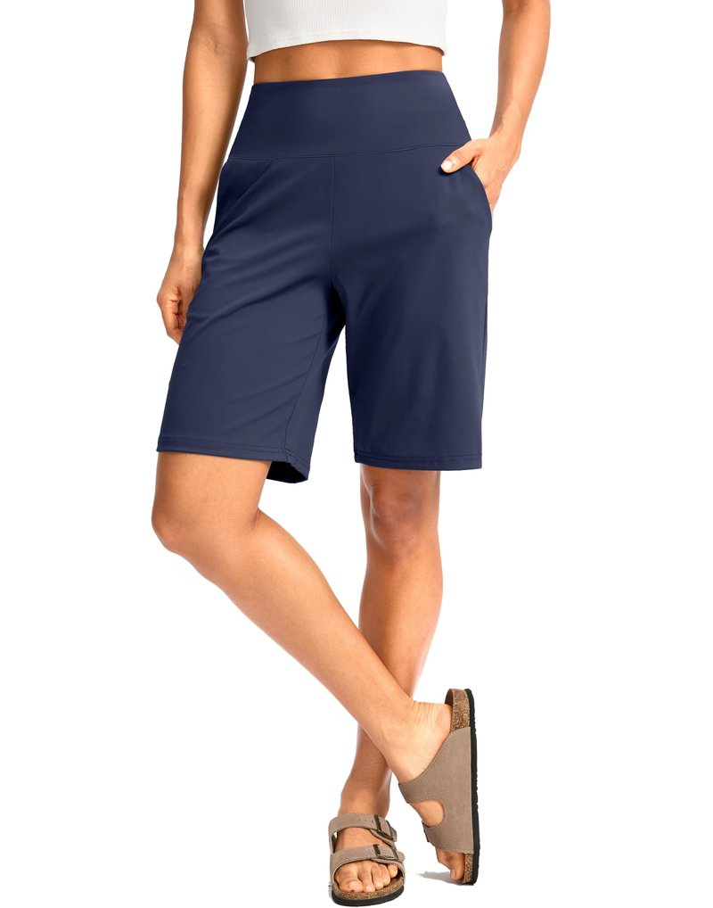 G Gradual Women's Bermuda Long Shorts with Pockets 9" High Waisted Knee Length Shorts for Women Walking Athletic Workout(Navy,XXL)