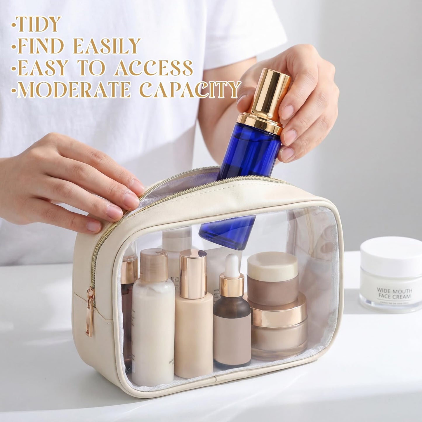 Abbylike 6 Pcs Clear Makeup Bags Bulk PU Leather Cosmetic Pouches Transparent Toiletry Bags with Zipper Waterproof Purse Skincare Car Organizer for Girl Women Travel Gifts(Beige)