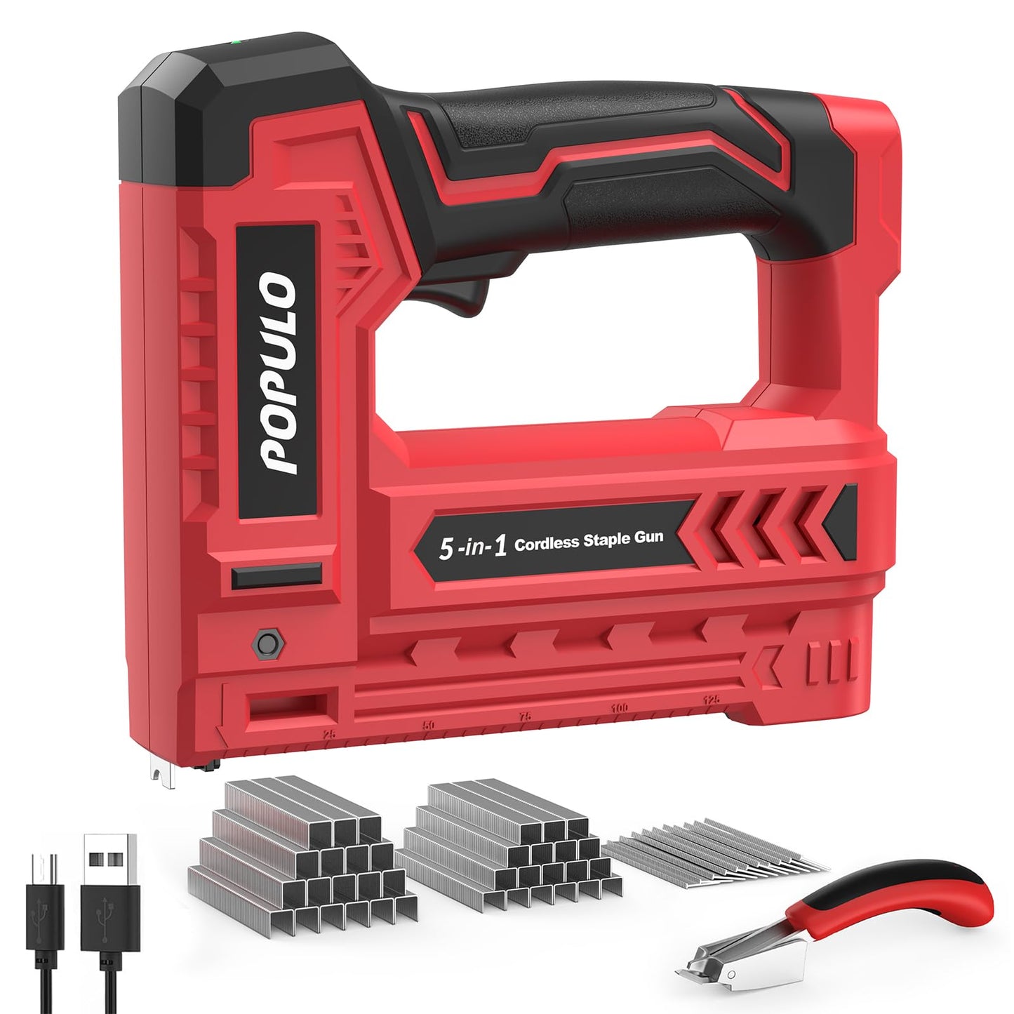 POPULO Electric Staple Gun 5 in 1 Band Nailer, 4V Rechargeable Cordless Stapler, Pin Nail Gun Battery Powered with 2,000 Staples and Nails, Power Wire Staple Gun for Home, Wood, Upholstery, DIY