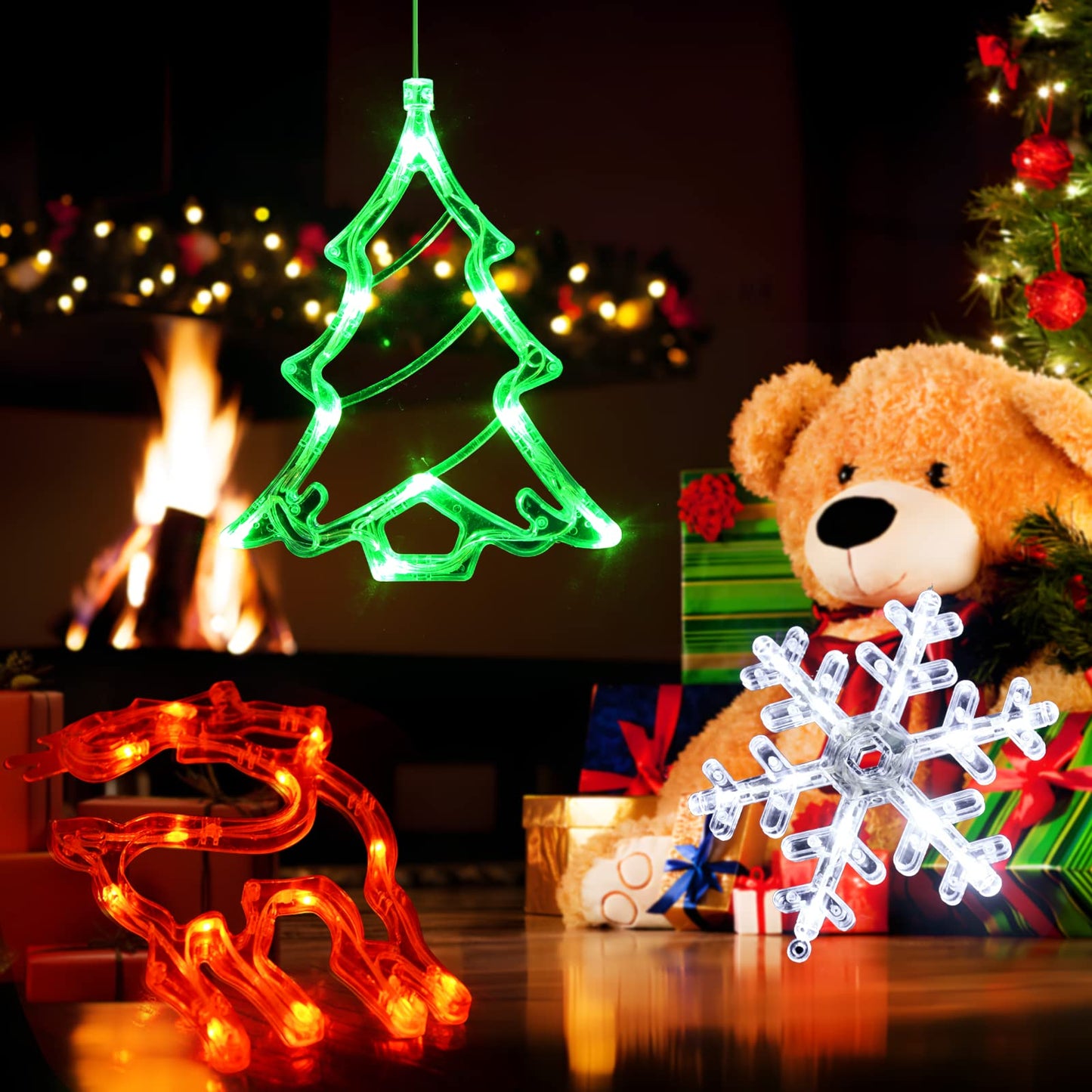 LOLStar Christmas Decorations, 3 Pack Reindeer, Christmas Tree, and Snowflake Window Lights with Suction Cup, Timer Function & Slow Fade Mode Battery Operated Indoor Lights for Christmas Eve New Year