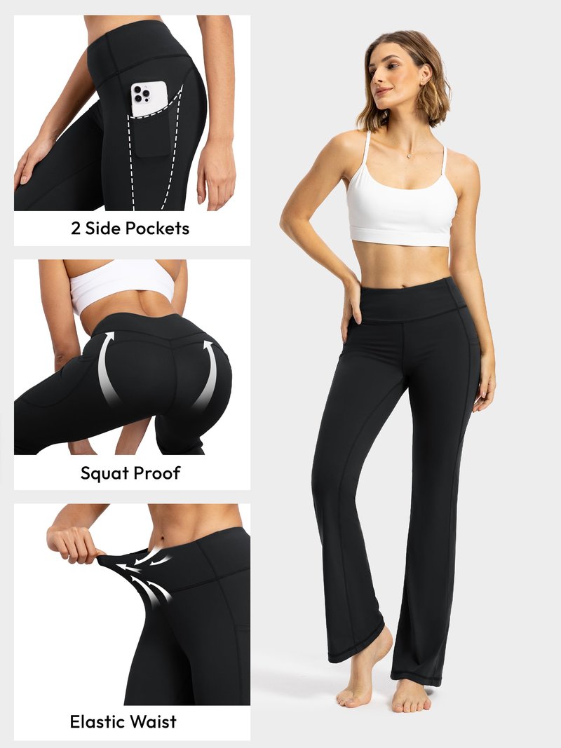 Tapata Petite Women's Bootcut Yoga Pants 26" Inseam High Waisted Workout Flare Leggings with Pockets, Black, Medium