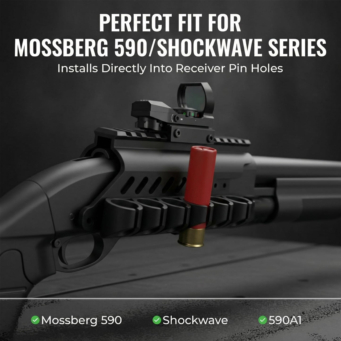 Combo of 2 | Side Saddle Shutgun Shell Holder V2 & Reflex Sight Red Green Reticles with Weaver Picatinny Rail Mount, Compatible with Mossberg 500/590/Shockwave Series Shutguns