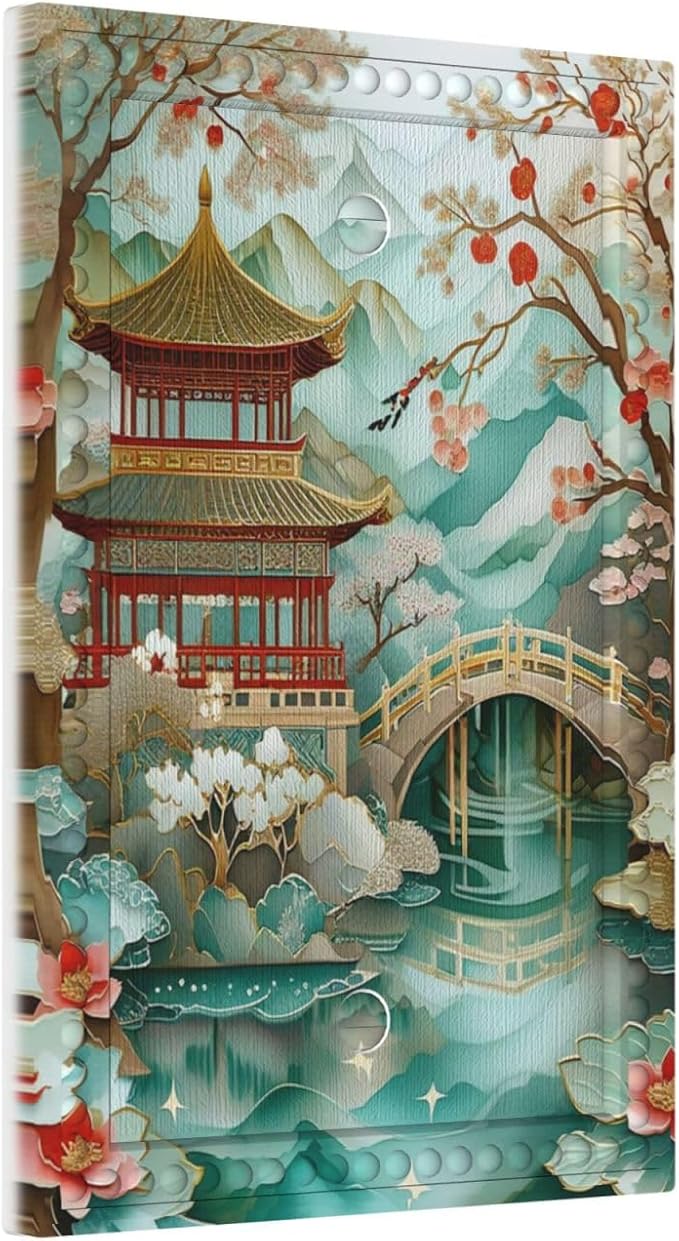 Asian Palace Traditional Bridge Cherry Blossoms Light Switch Covers No Device Wall Plate 1 Gang Decorative Blank Switchplate Electrical Faceplate for Country Living Bedroom Decor