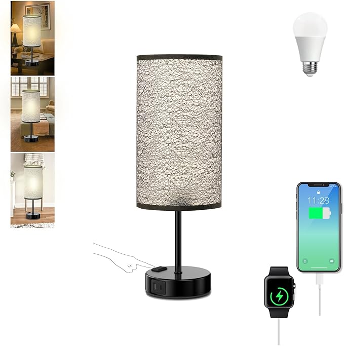 Table Lamp for Bedroom with Touch Control,Bedside Lamp with USB C+A Charging Ports& AC Outlets, Adjustable 3color LED Light for Home Decor/Nightstand/Bedroom/Office,Included Bulb