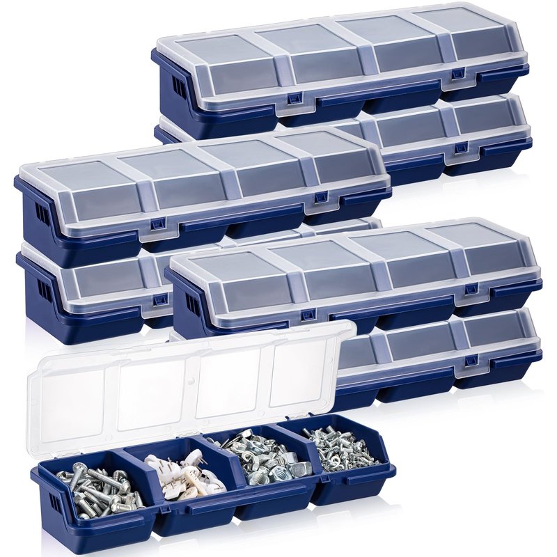 Hushee 6 Pcs Screw Organizer Box with Lid 4 Compartments Small Parts Organizer Plastic Stackable Nut and Bolt Hardware Storage Tool Bin Divider Sorting Screw Box for Workbench Garage (Blue)