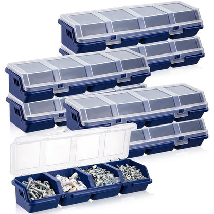 Hushee 6 Pcs Screw Organizer Box with Lid 4 Compartments Small Parts Organizer Plastic Stackable Nut and Bolt Hardware Storage Tool Bin Divider Sorting Screw Box for Workbench Garage (Blue)
