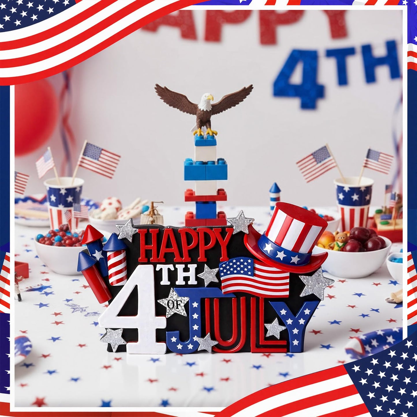 Simgoing 1 Pack Happy 4th of July Decoration Resin Patriotic Figurines Table Decor Red Blue White Sign Independence Day Statue Tabletop Centerpiece for 250th Anniversary Home Office Tiered Tray Shelf