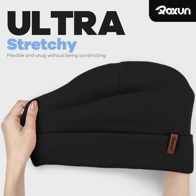 ROXUN Beanie for Men/Women Winter Hat Knit Cuffed Soft Warm Unisex Skull Stocking Cap Black