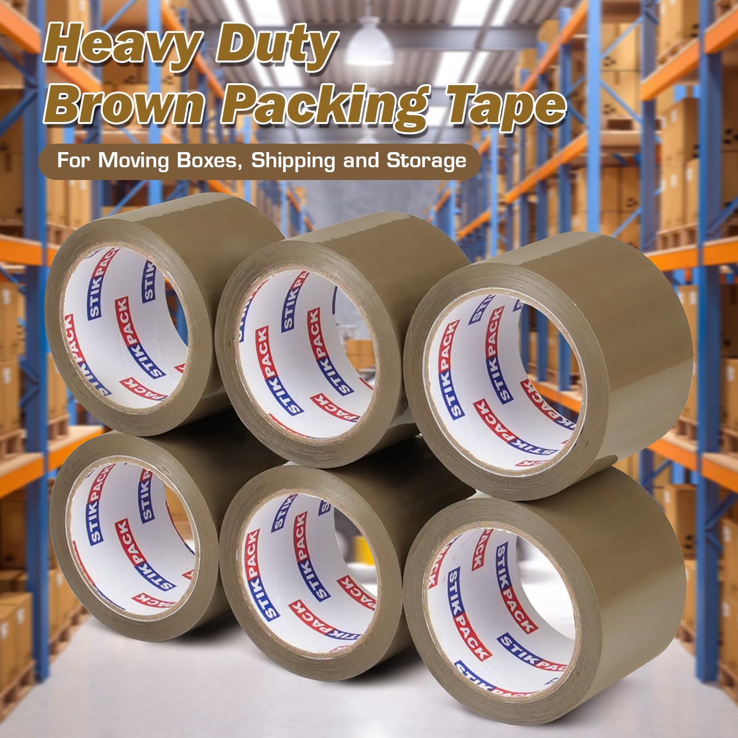 STIKPACK Wide Brown Packing Tape 6 Rolls, Total 360Y - 3 inch x 60 Yards, 2.4 mil Thick, 3 Inch Wide Brown Packaging Tape for Shipping, Mailing, Moving & Storage
