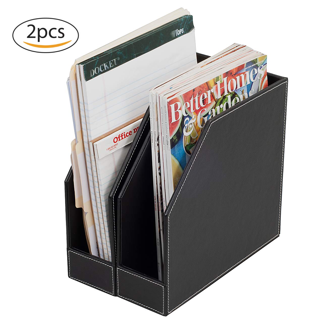 MobileVision Executive Leather Vertical File Folder Holder & Office Product Organizer, Store Files, Magazines, Notepads, Books and more, 2 Pack Combo Set