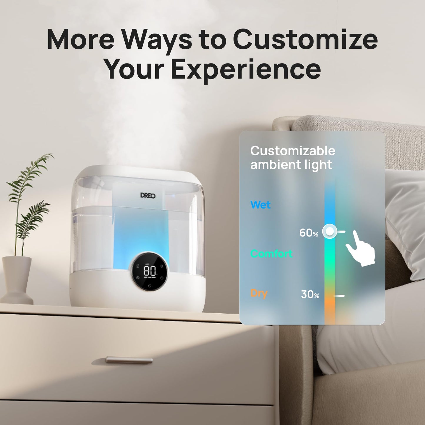 Dreo Smart Humidifiers for Bedroom, 6L Top Fill Supersized Cool Mist Humidifier for Large Room, 60 Hour Runtime, Quiet Ultrasonic Humidifier for Plants, Baby, Indoor, Home, Night Light, Black