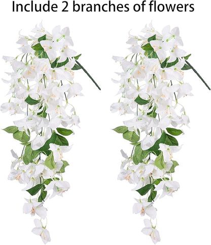 2PCS Bougainvillea Artificial Hanging Flowers Plants for Outdoors Outside Fall Decoration, Faux Silk Flowers Fake Vines UV Resistant Look Real Realistic for Front Door Porch Planter Balcony, White