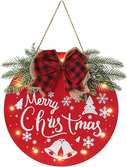 HOMCDALY Merry Christmas Welcome Sign for Front Door, Red X-mas Sign with Light, Holiday Door Decoration Wooden Hanging Sign, Christmas Decoration, Wall Art, Wall Decor(Red)