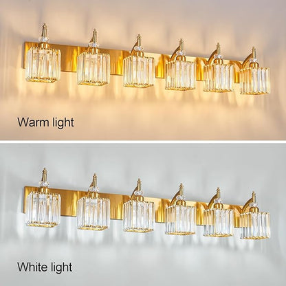 Crystal Vanity Lights - Gold 6 Light Modern Bathroom Vanity Light Fixtures Over Mirror