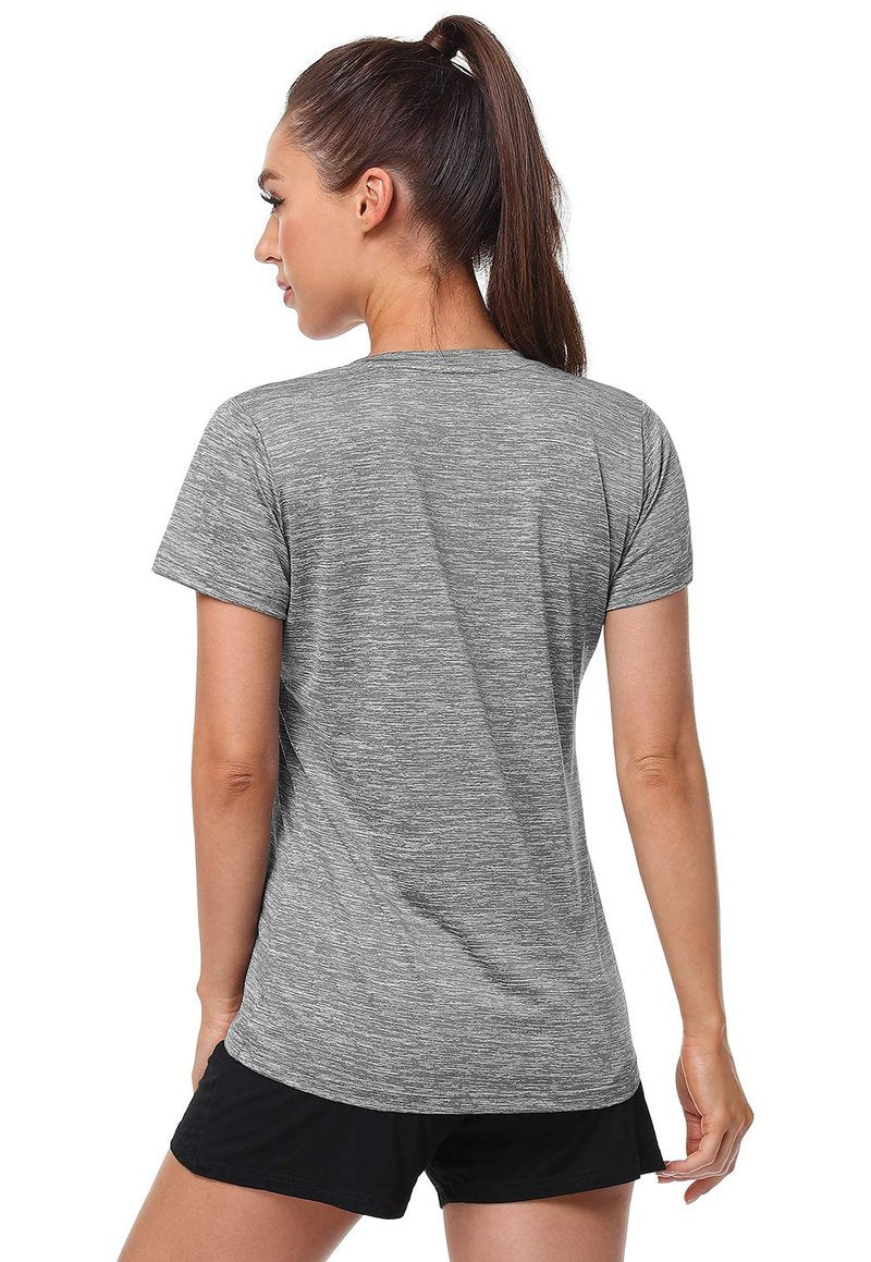 Cosy Pyro Women's Short Sleeve V-Neck Athletic T-Shirt Exercise Yoga Tees Dry Fit Gym Shirts Moisture Wicking Workout Tops Pack of 5 Black/Gray/Azure/Rose/Blue L