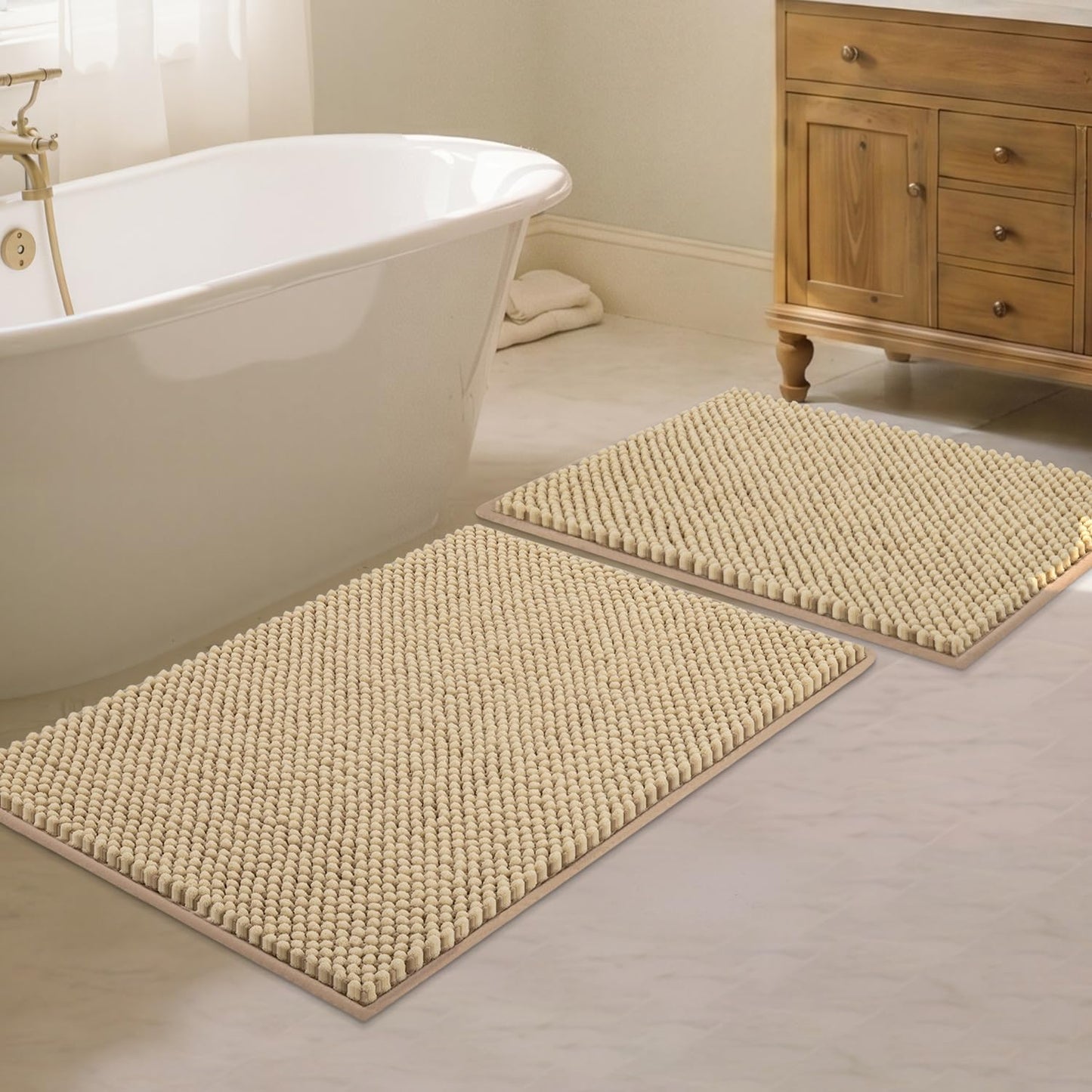 BSICPRO Bathroom Rugs Set 2 Piece-Chenille Bath Mats Non Slip-Thick Soft Absorbent Boho Bath Rug-Shower Floor Mat Machine Washable-Bathroom Decor Accessories (Beige, 20" x 32" Plus 16" x 24")