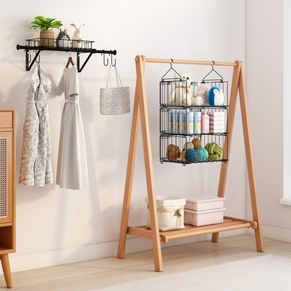 BUKFEN 3 Tier Hanging Closet Organizer, Wall Mounted Wire Storage Shelf with 4 Hooks, Foldable Stackable Organizer for Laundry Room, Bedroom, Bathroom, 1 Pack