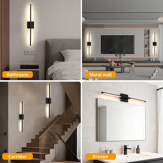 Battery Operated Wall Sconces Set of 2,Dimmable Wall Sconce with Remote Control,Modern Black LED Rechargeable Wall Sconces Lights,27 Inch Wireless Lamp for Living Room,Bedroom,Bathroom