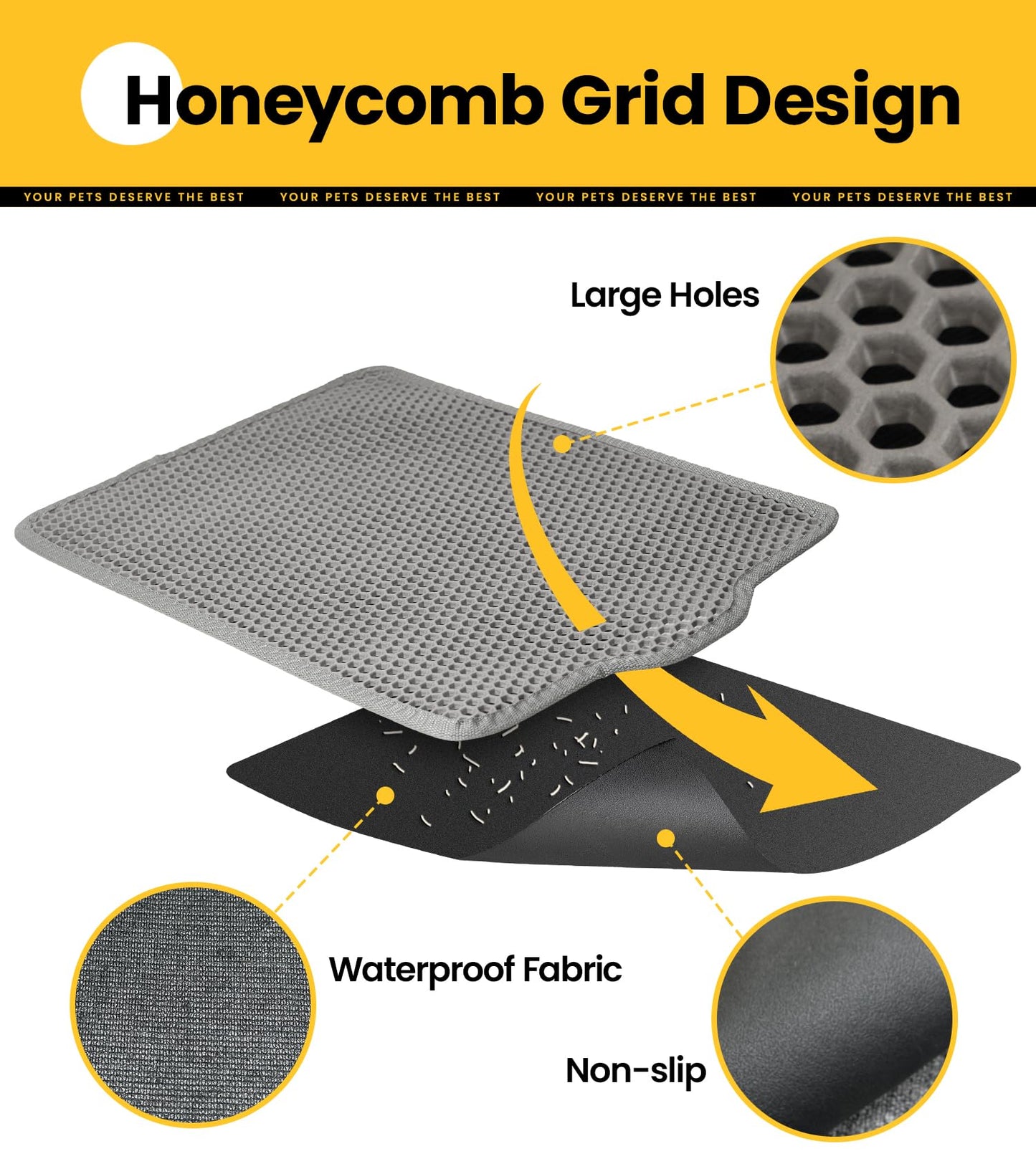 Conlun Cat litter Mat 30"x22", Large Honeycomb Double Layer Waterproof Trapping Waste for Kitty Litter Box, Easy Clean Non-Slip Cat Matt on Floor, Gray