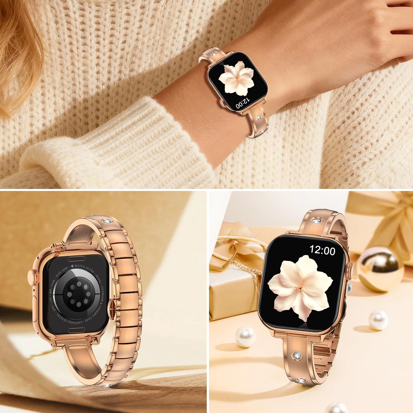 BAITEYOU Thin Narrow Stainless Steel Bands Compatible with Apple Watch Band 49mm 46mm 45mm 44mm Series Ultra 11 10 9 8 7 6 5 4 SE 3 2 1 42mm for Women, Dressy Metal iWatch Strap Bracelet Rose Gold