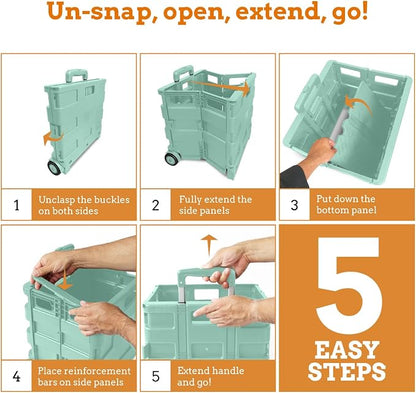 Inspired Living Ultra-Slim Rolling Collapsible Storage Pack-N-Roll Utility-carts, with Telescopic Handle, for Home, Garden, Shopping, Office, School use, Large, Mint