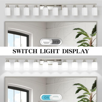 10-Light Bathroom Vanity Light Brushed Nickel,64.5in Vanity Lights with White Frosted Glass,Modern Bathroom Wall Lights Fixtures Over Mirror,Wall Sconces Lighting for Bedroom Living Room,E26