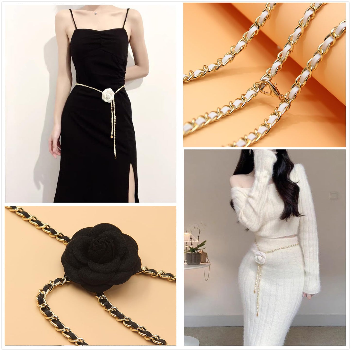 Belly Chain Belt for Women, Metal Waist Chain Body Chain Belt for Clothing Matching (Black, Fit waist up to 32")