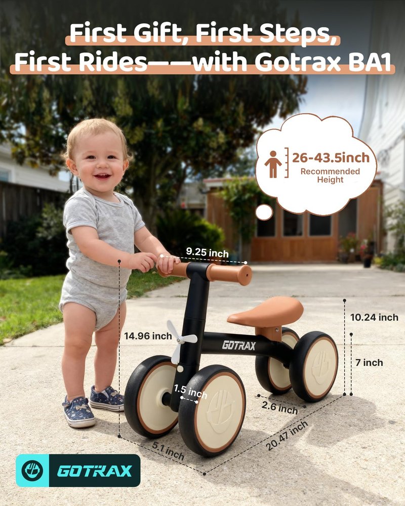 Gotrax Baby Balance Bike 1-2 Years, 7" Front&Rear Silent Wheels, Sturdy Steel Frame 66 lbs Load, Quick 2-Min Assembly, CPC Certified, Comfortable Soft Seat, Toddler Birthday Gift for Boys&Girls Black