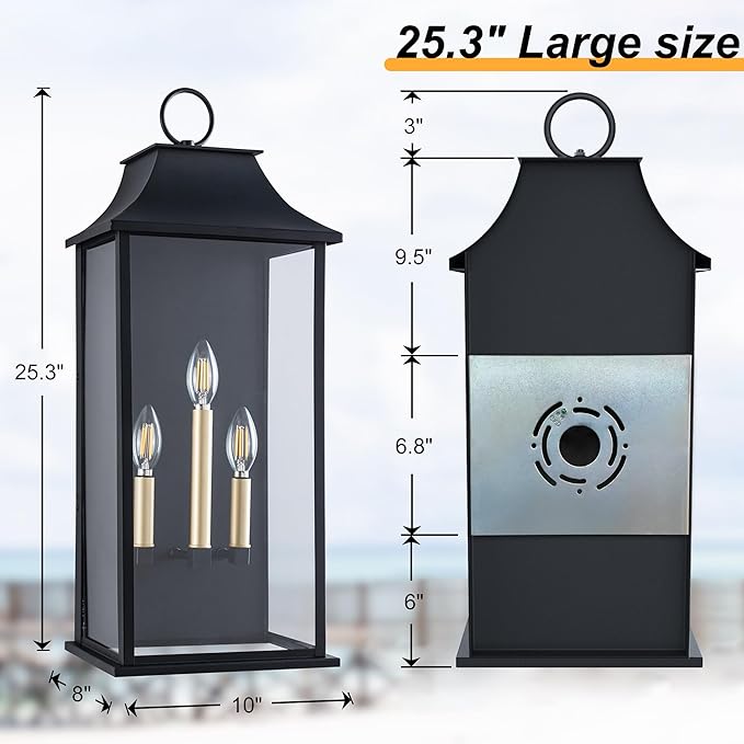 Dusk to Dawn Outdoor Wall Light 3-Light, 25.3" Large Outdoor Light Fixture, Black Exterior Wall Lantern, Waterproof Outside Wall Sconce for House Porch Patio