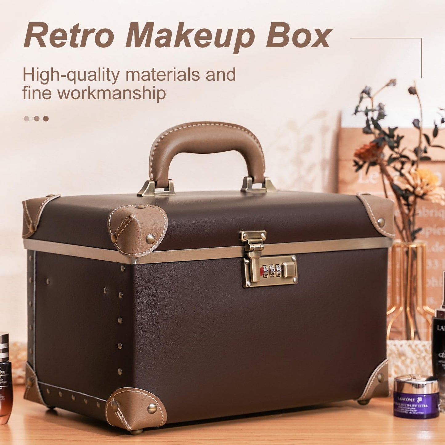 urecity Retro Vintage Makeup Train Case, Brown Artificial Leather, Professional Cosmetic Organizer with Combination Lock, Striped Interior