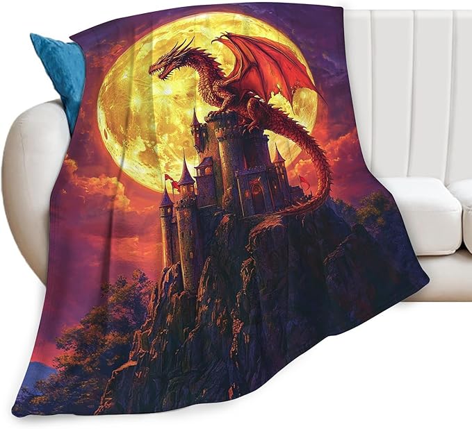 Dragon Blanket, Full Moon Throw Blankets, Dragons Space Fuzzy Plush Blanket Ultra Soft for Dragon Lover Gift Kids Teens Women Men Girls Boys Stuff Decor for Bedding Sofas Couch 60"X50"