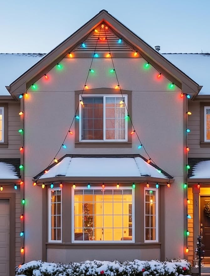 C9 Christmas Lights Outdoor, 25FT 25 LED C9 Multicolor String Lights, Steady Glow & Shatterproof, IP44 Waterproof, UL Listed, Connectable Christmas Tree Lights for Indoor/Outside Roofline & Patio