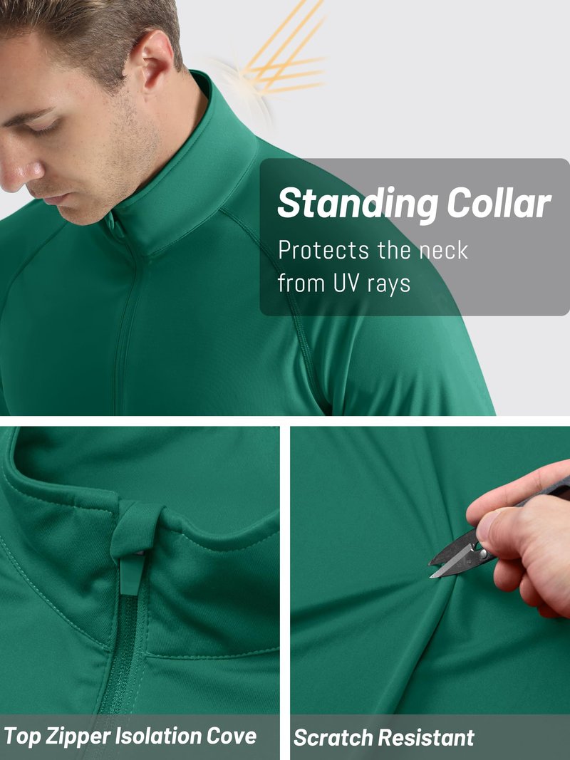 TACVASEN Polyester Shirts Men Outdoor Long Sleeve Athletic Running Performance Quarter Zip Pullover Dry Fit Shirts Men Emerald Green XXL