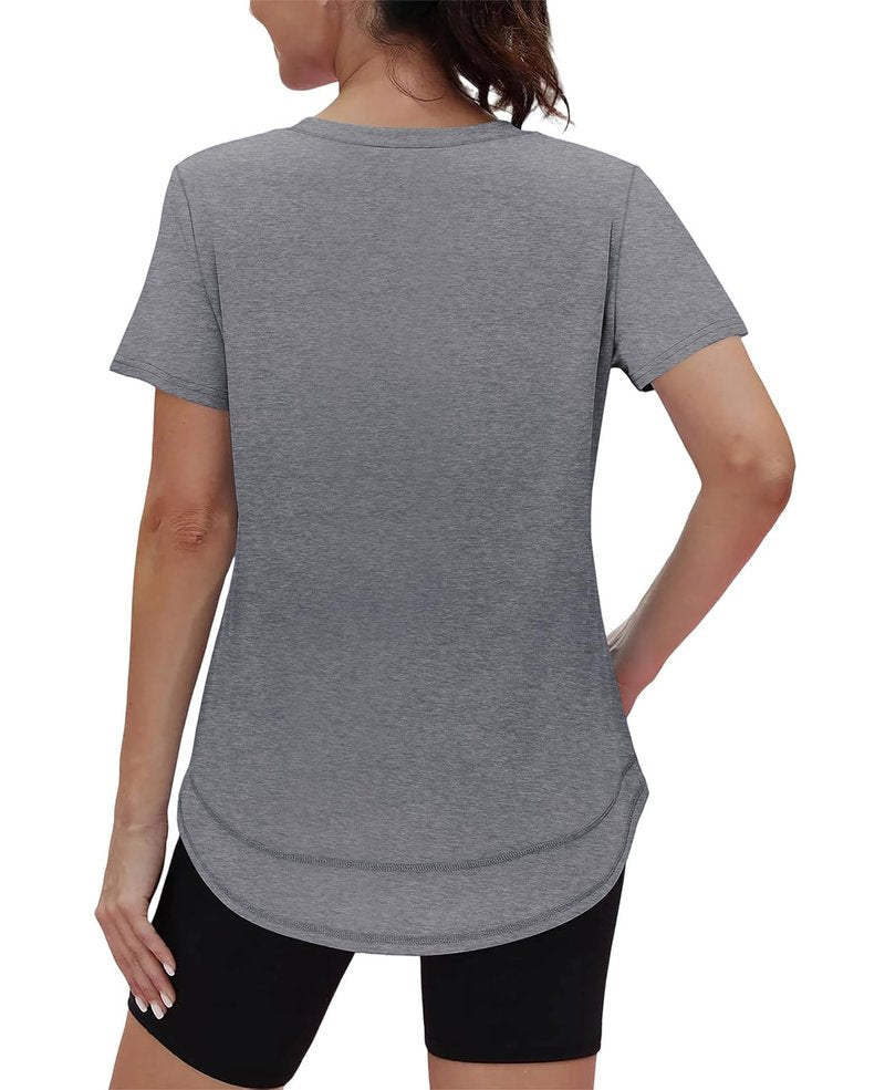 Short Sleeve Shirts for Women Workout Yoga Tops Sun Protection Clothing Summer Outfits Rash Guard Side Slit V Neck Grey XL