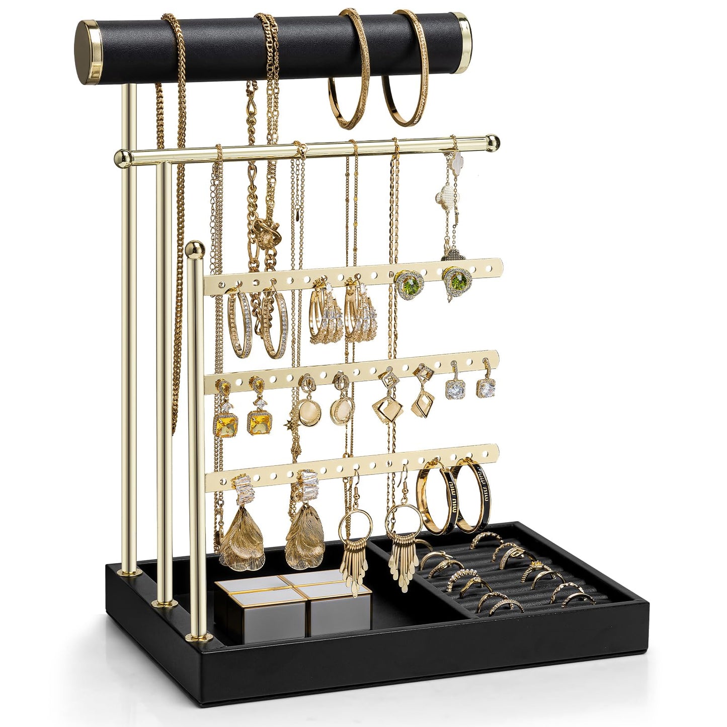 VLANDO Jewelry Stand Organizer with Ring Holder Tray, Necklace and Earring Storage for Bracelets, Watches and Rings, PU Leather Covered Wooden Tray with Gold Metal Frame - Black