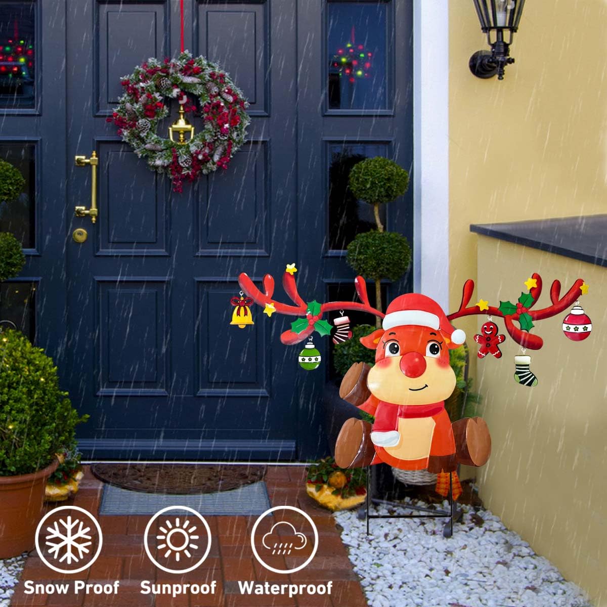 Christmas Garden Stake with String Lights, Outdoor Christmas Metal Reindeer Yard Sign Stakes, XmasWelcome Signs Decorations for Holiday Pathway Home Lawn Graden Party Decor