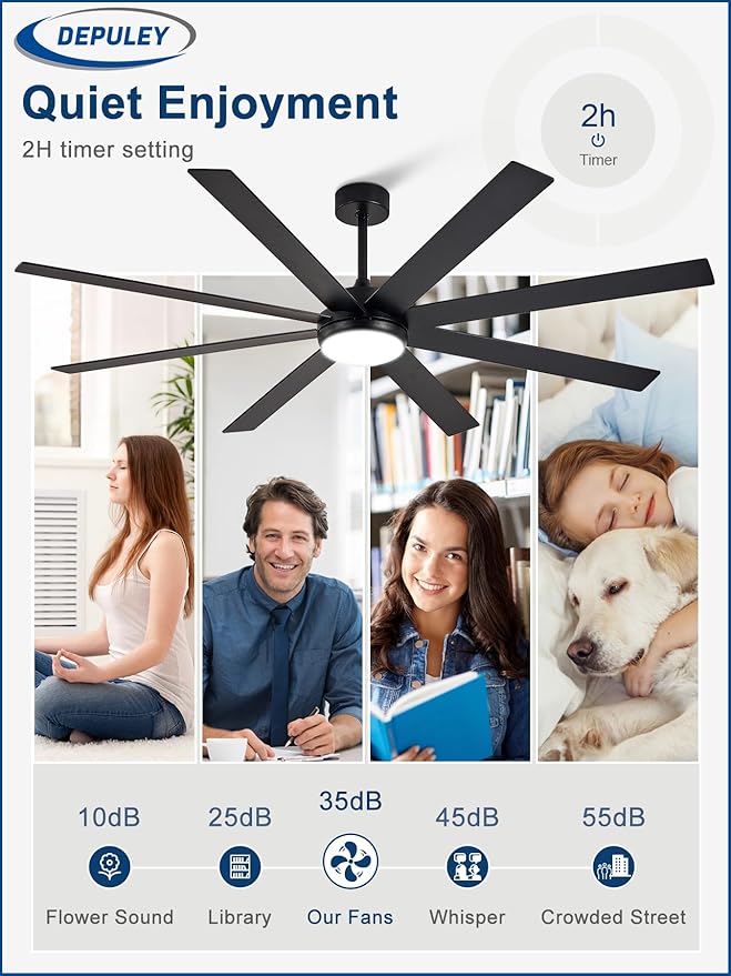 Depuley 72" Ceiling Fans with Lights: Black Indoor/Outdoor Ceiling Fan for Patios Living Room - 8 Blades Dimmable Large Ceiling Fans with Remote APP Control Timer Reversible Quiet DC Motor 6 Speeds