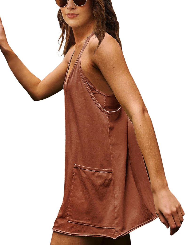 Lentta Womens Athletic Sleeveless Mini Dress with Built-in Shorts V Neck Spaghetti Strap Sundress(Rust-M)